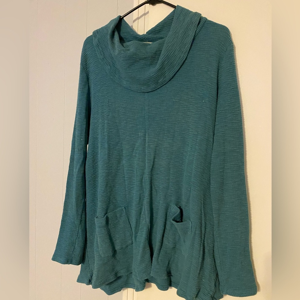 Soft Surroundings thermal Teal Cowl Neck Sweater pockets Large